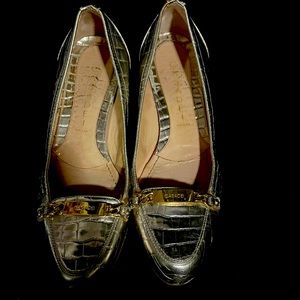 Gold croc print loafers